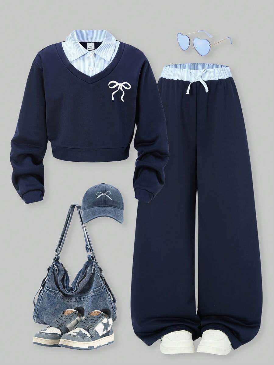 SHEIN ChillGRL 2件套少女Romweezy宽松休闲拼接撞色二合一衬衫式V领短款卫衣搭配宽松休闲阔腿撞色拼接裤套装，适合日常、通勤、休闲、度假、聚会、街拍等场合。