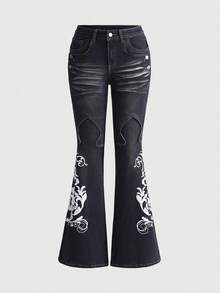 ROMWE Grunge Punk Jeans acampanados ajustados con estampado de vid estilo retro Y2K para mujeres - Negro - Ver 1