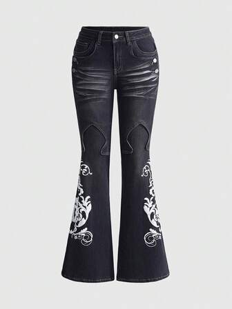 Grunge Punk Jeans évasés ajustés avec imprimé de vigne rétro Y2K pour femmes