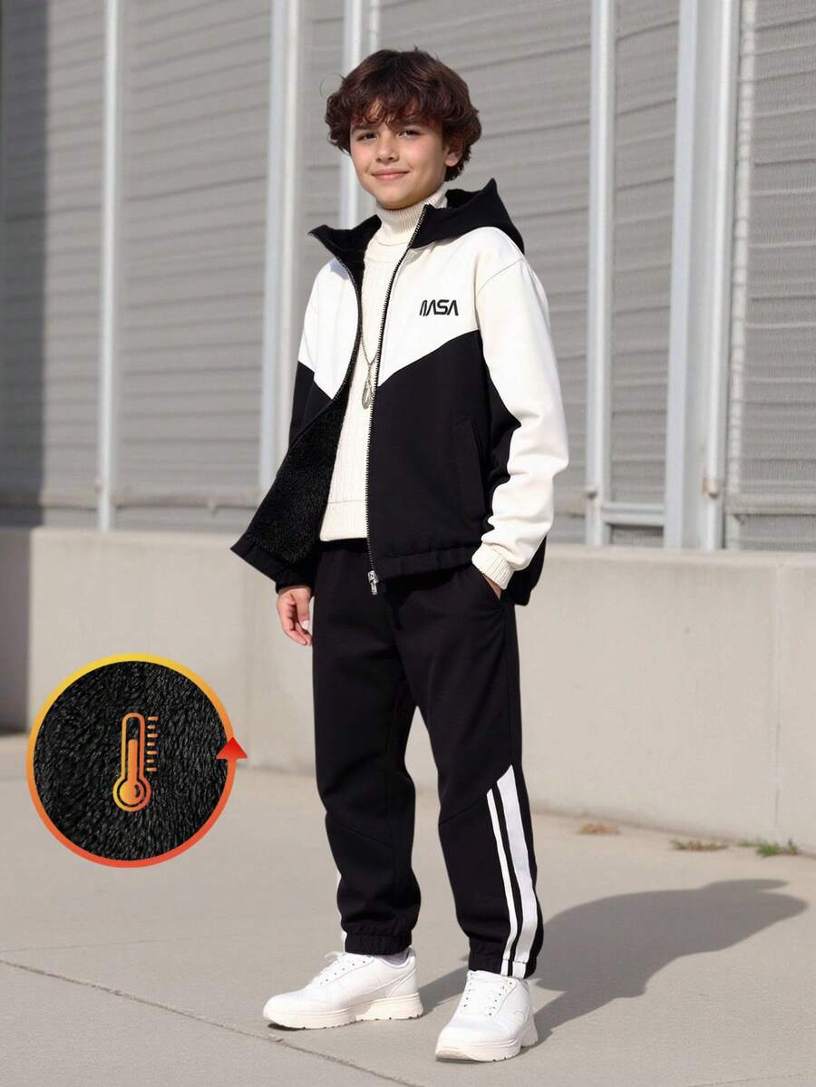 Vacaura 2pcs/Set Tween Boys' Fashion Colorblock Hooded Cardigan Jacket And Drawstring Pants Casual Outdoor Set, Autumn/Winter