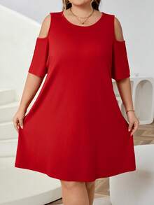 SHEIN CURVE+ 2025新款春秋季加大码女士复古西部度假/早午餐套装，适合音乐节/夜店/公路旅行/度假/休闲/城市之旅/毕业典礼等场合，优雅女士度假连衣裙，宽松黄色纹理泡泡格纹V领泡泡袖H字荷叶边下摆长裙，女士秋季服装/2026/新年 - 紅色 - 查看 4