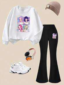 Sparklyn 2件套女童K-Pop卡通人物印花白色卫衣和黑色打底裤套装，秋冬季，K-Pop粉丝及日常穿着的理想之选 - 彩色 - 查看 2