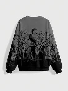 ROMWE Goth 哥特式暗黑神秘乌鸦墓地月亮星星十字蝙蝠印花圆领长袖女式卫衣，秋冬春季 - 黑色 - 查看 2