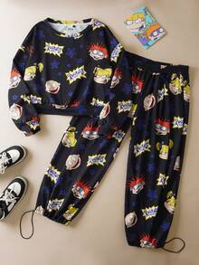 Nick 90s | SHEIN Bộ 2 món áo thun dài tay cổ tròn họa tiết hoạt hình thường ngày cỡ lớn kèm quần dài, mùa thu - màu đen - Xem 1