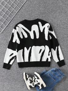 Fantacosmos Boys' Fashionable Minimalist Letter Jacquard Knit Cardigan Girls Cardigan Sweaters Kids Cardigan Cute Cardigan Cardigan For Teen Girls Cropped Cardigan Tween Boys Sweater Tween Boys Fall Outfits Tween Boys Winter Clothes Kids Fall Clothes - Black - View 2