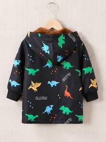 SHEIN 男童恐龙字母印花保暖内衬休闲连帽夹克，秋冬 - 彩色 - 查看 2