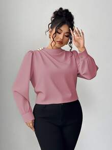 Elenzga Blusa de manga abullonada de unicolor elegante para uso diario, otoño, talla grande - Rosa vieja - Ver 3