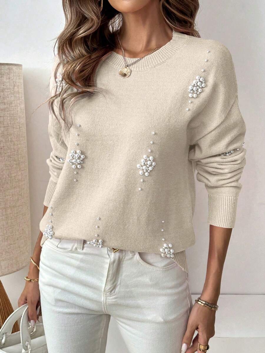 SHEIN LUNE 休闲柔软珍珠装饰女式毛衣 - 卡其色 - 查看 1