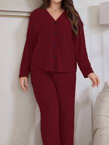 Lazeform Ribbed Soft Fleece Button-Up Loungewear Set Winter Clothes - Red - View 5