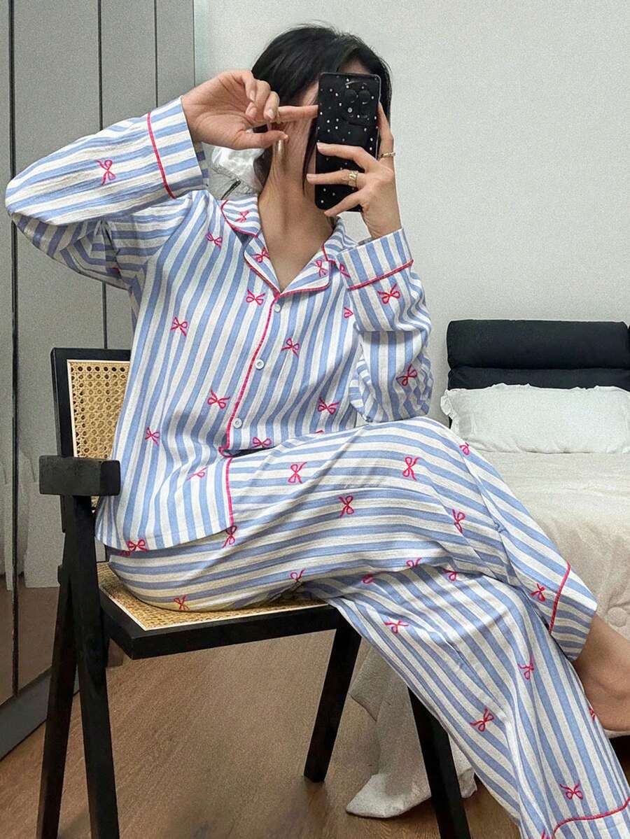 SHEIN 女士蝴蝶结条纹印花翻领长袖睡衣套装，冬季服装
