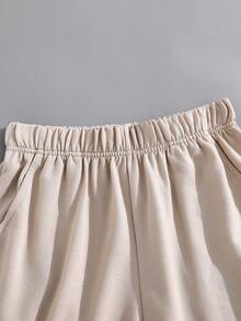 青少年男童卡其色拼接撞色贴花短袖T恤短裤套装，休闲校园风，舒适时尚，百搭百搭，面料柔软，适合日常穿着、上学、郊游、户外活动 - 卡其色 - 查看 7