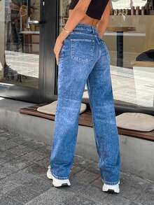 EURMUSE 96% CottonSTRAIGHT LEG MID WAIST JEANS - Blue - View 2