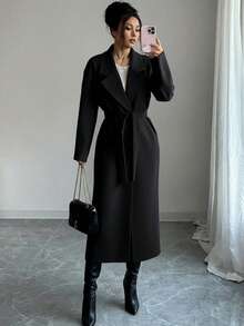 EURMUSE Ancora Women's Solid Stand Collar Double Breasted Coat, Fall/Winter, Women's Burgundy Oversize Overcoat - Black - View 4