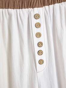 Rusticease Plus Size Women's Fall/Early Spring Casual Fashion Vacation Vintage Casual Country Patchwork Contrast Color Ruffle Button Decor White Pants With Pockets, , Plus Size  Suitable For Early Spring, Going Outs,2026 New ,Simple And Fashionable For Everyday Wear, White Beach Pants, Women Summer Pants, Vacations Women ,Holidays For Women, Spring Women, Valentine's Day ,Valentines For Women, - White - View 5