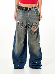 SUMWON WOMEN Quần jeans denim ống rộng baggy rách có đinh tán kim loại, lỗ xỏ dây và chi tiết xích - Rửa nhẹ - Xem 1