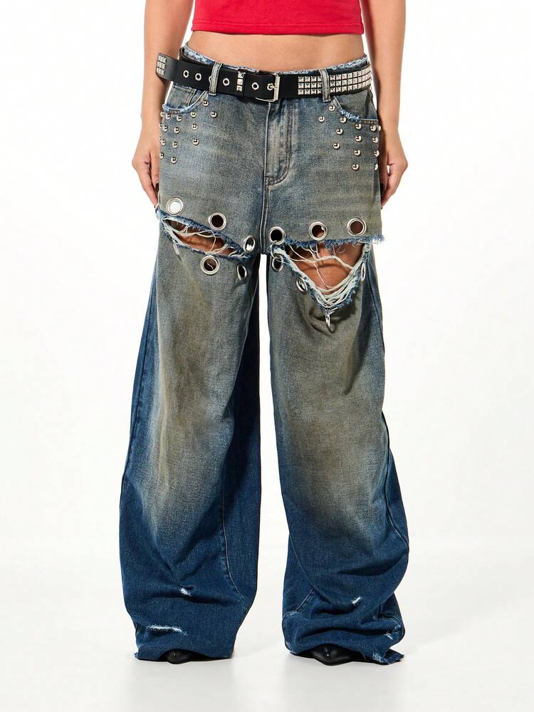 SUMWON WOMEN Studded Baggy Wide Leg Denim Jeans