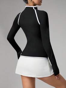 Dewbera Women's Autumn/Winter Color Block Striped Zipper Thumb Hole Fitted Jacket, Sporty Casual Everyday Sexy Tight Fitted Jacket, Tennis Yoga Jacket - Black - View 2