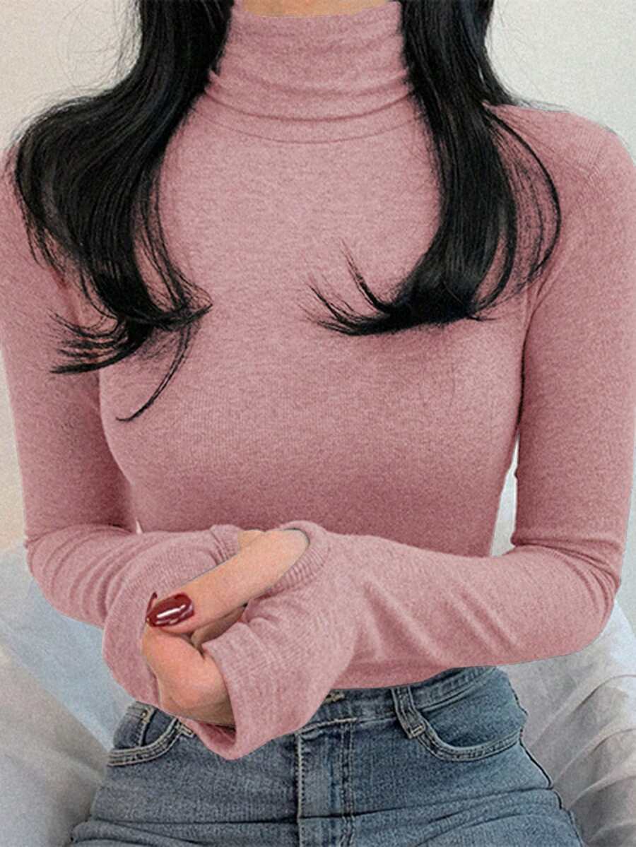 DAZY تي شيرت أساسي بياقة عالية أكمام طويلة لون سادة نسائي ضيق