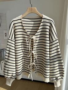 Comfortcana Plus Size Women Casual Striped Tie Front Loose Cardigan, Autumn/Winter,Fall Clothes For Women Striped Striped Knit Top Striped Sweater - Black - View 2