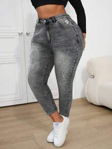 SHEIN ICON Jeans pitillo de talla grande en denim azul desgastado - Gris - Ver 5