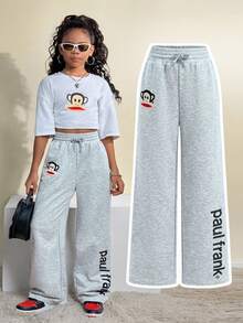 Paul Frank X SHEIN Tween Girls  Fall/Winter,Streetwear Daily Wear,Comfortable Athleisure Essentials,Warm/ Cold Weather/ Thermal,Monkey Towel Embroidery Graphics Straight Pants ,Christmas ,New Year,Thanksgiving, Party - Light Grey - View 5