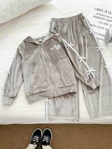 Genkimix Kids Fashionable Korean Style Tween Girls 2 Pieces Set, Includes Hooded Zipper Jacket With Ribbon Bow Decor And Loose Wide Leg Pants, Sporty Vibe, Autumn/Winter - Grey - View 6