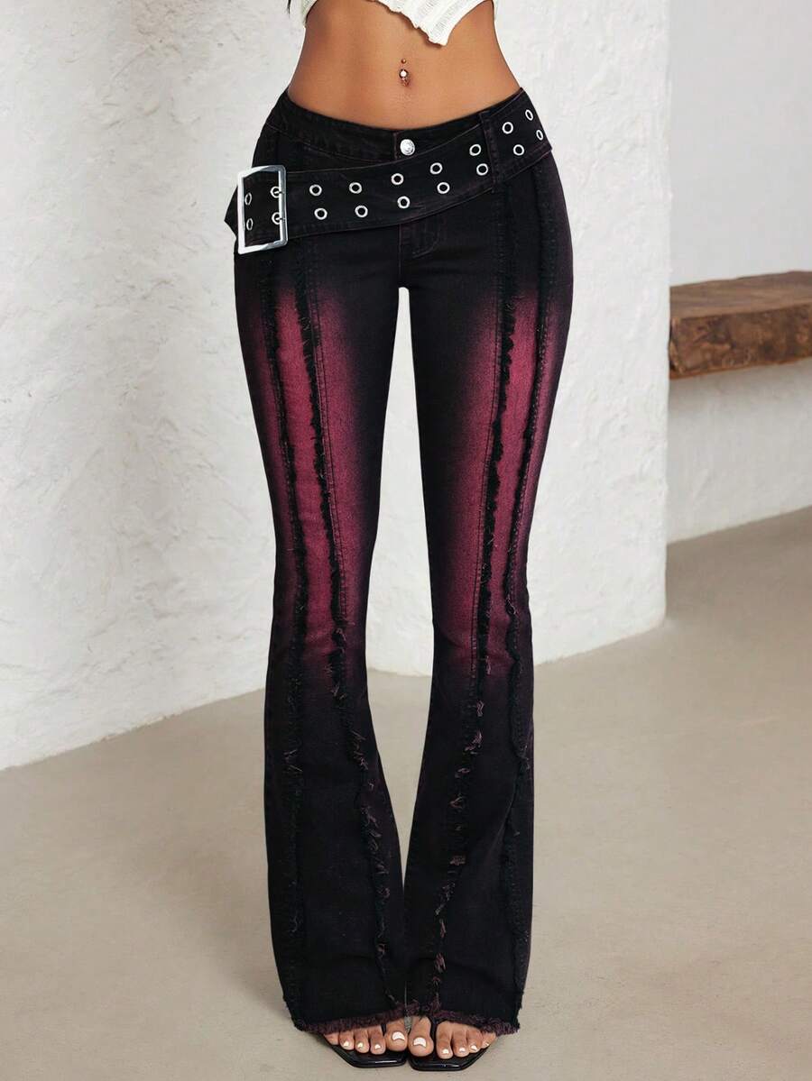 Jeanoix Quần jeans ống loe cạp trễ dành cho nữ có khóa cài hình mặt trời và lỗ xỏ dây - Màu tím - Xem 1