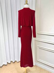 Franclia Vestido ajustado de Body con adorno de strass en la cintura, elegante para mujer - Burdeos - Ver 2