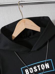 SHEIN Vacaura 两件套 青少年男童波士顿闪电印花连帽卫衣和运动裤休闲套装 - 黑色 - 查看 6