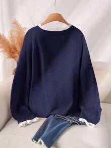 CosyJoli 大码休闲蕾丝拼布圆领粉色网眼套头毛衣女秋冬装 - 藏蓝色 - 查看 2