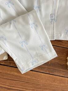 Baby Girls Pajamas-2 Piece Pajama SetWhite Light Blue Bow Print Round Collar Long Sleeve Button Front Long Pants Sleepwear Two Piece Outfit Soft Breathable Gentle Skin Friendly Four Season New Year 2026 Essential Baby Pajamas Cute Pj Set - Blue - View 3