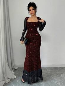 Rafferiza Elegantes Partykleid mit asymmetrischem Ausschnitt, plissierter Vorder- und Seitenpartie, Meerjungfrauensaum, Trompetenärmel für Frauen in Schwarz, Herbst/Winter, Jacquard-Strick-Mesh-Gewebe mit Silberfolie Maxikleid - Bordeaux - Übersicht 8