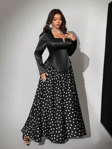 Viva Relle Plus Size 2 Pieces Set: Sexy Square Neck Long Sleeve Top & Polka Dot Print Skirt - Black - View 2