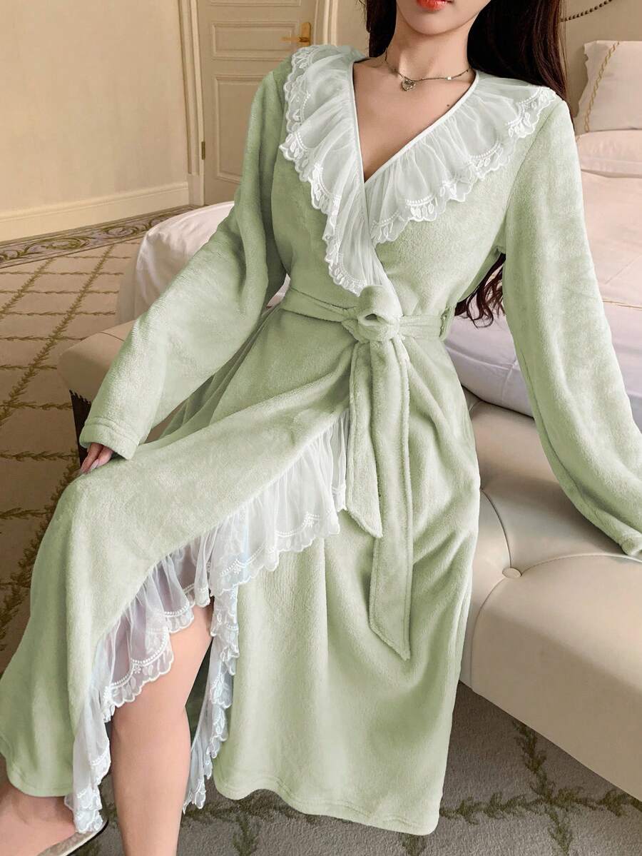 DAZY Women's Long Plush Fluffy Lace Ruffle Hem Patchwork Bathrobe, Winter - Mint Green - View 1
