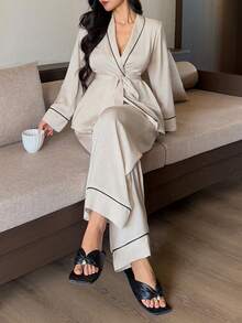 DAZY Women's Simple Contrast Trim Pajama Set, Autumn/Winter - Apricot - View 6