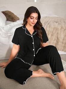 SHEIN 大码荷叶边纯色针织睡衣套装，宽松翻领开襟短袖上衣和裤子，夏季休闲家居服