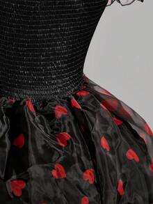 SHEIN ICON Plus Size Red Heart Puff Sleeve Cinched Waist Princess Dress, Suitable For Valentine's Day Date - Black - View 9