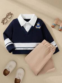 Souflis Souflis Set casual da 2 pezzi in stile scolastico, composto da una maglietta a maniche lunghe blu navy e pantaloni beige chiaro per ragazzi, adatto per la scuola, raduni, uscite e varie occasioni, nuova collezione autunno/inverno 2025 - Blu Navy - Visualizzare 3