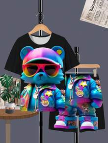 Fantacosmos Tween Boy 3D Bear Print Streetwear Style Loose Fit T-Shirt & Shorts Set, Clothing Set - Black - View 4