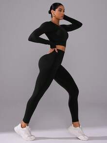 Eassivo Women's Solid Color Raglan Sleeve T-Shirt And High Waist Leggings Seamless Sports Set Workout Legging Two Piece Set Curve Activewear Set Curve Workout Set - Black - View 5