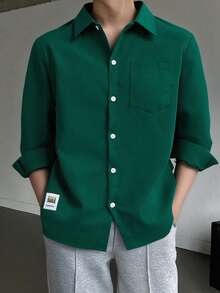 SHEIN Mirajuku 青少年男孩字母印花单排扣长袖口袋休闲衬衫，秋季