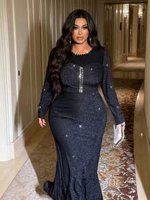 NU&NOW Đầm dài tay lấp lánh gợi cảm dự tiệc sang trọng cỡ lớn dành cho nữ, mùa thu/đông - màu đen - Xem 4