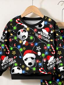 SHEIN Set di tuta casual e morbida in maglia per bambino, stile minimalista classico, caldo e confortevole, con motivo natalizio e calcio, adatto per autunno/inverno - Multicolore - Visualizzare 4