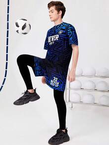 SHEIN 2pcs/Set Teen Boys' Graphic Print Sports T-Shirt And Shorts Set,Casual Athletic Outfit,Summer Streetwear Gym Soft Fabric Active Wear For School,Travel - Black - View 3