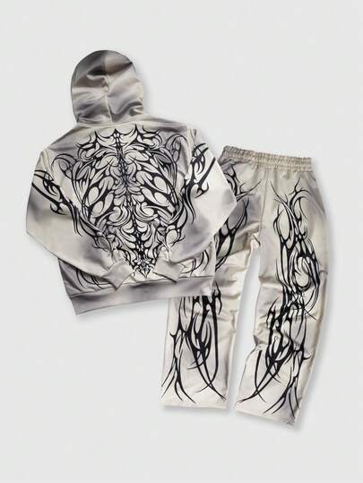 Anime Men's Casual Street Rock Style Hoodie And Pants 2 Pieces Set, Autumn/Winter