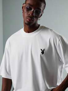 PLAYBOY X SUMWON Oversized Crop Fit T Shirt With Logo Print Short Sleeve Casual Cotton Tee - White - View 5