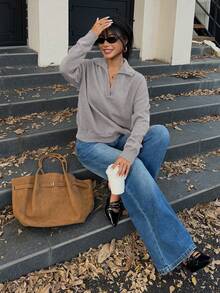 Flirla Women's Solid Color Half-Zip Drop Shoulder Casual Knit Pullover Sweater - Light Grey - View 3