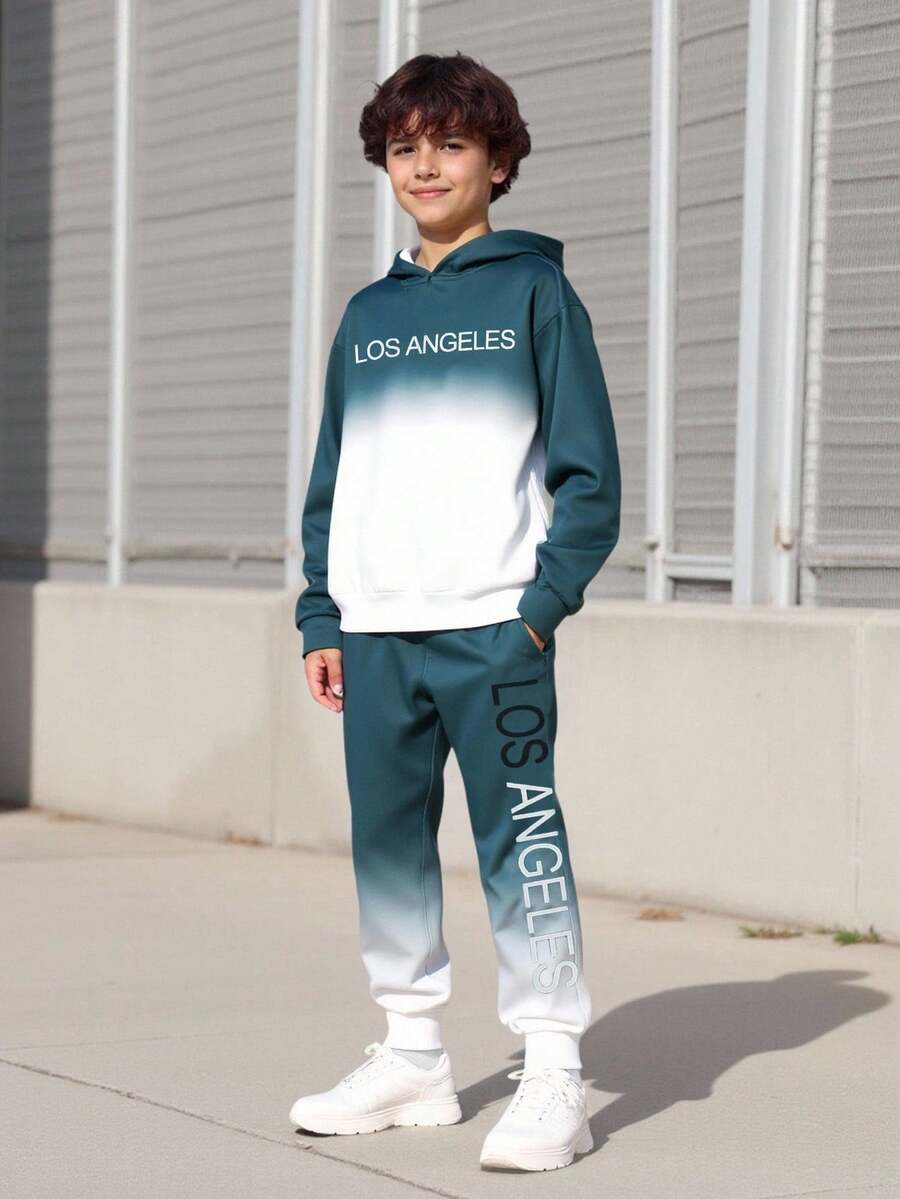 Vacaura 2件套青少年男孩时尚字母印花连帽运动衫和抽绳腰休闲运动裤 - 彩色 - 查看 1