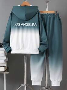 Vacaura 2件套青少年男孩时尚字母印花连帽运动衫和抽绳腰休闲运动裤 - 彩色 - 查看 2