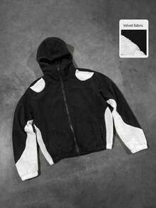 Manfinity EMRG Men's Casual Contrast Color Black And White Zip Up Hoodie,Winter Fleece Jacket Hiking Streetwear,Y2k Emo Style Velvet Fabric Warm Hooded Jackets - Multicolor - View 1